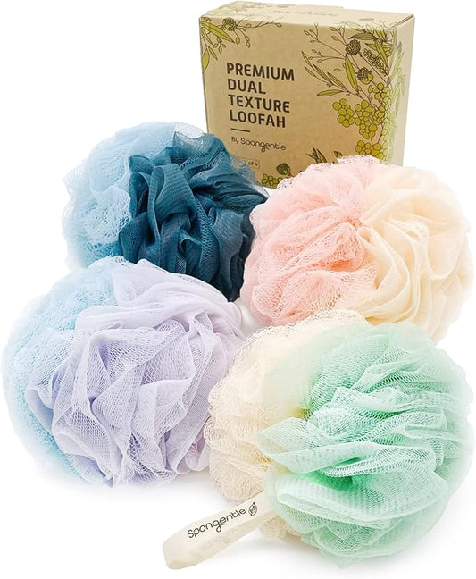 Spongentle Dual Texture Deep Cleansing Loofah Sponge for Radiant Skin, Pack of 4, Bath and Shower, Exfoliating Body Scrubber, Beautiful Colors for Women and Men