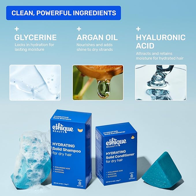 Ethique Hydrating Shampoo Bar for dry hair with Hyaluronic Acid - Plastic-Free, Cruelty-Free, Vegan, 3.88 oz