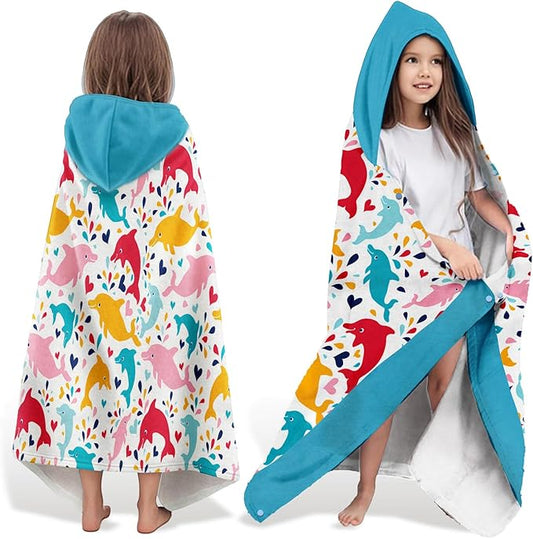Dolphin Hooded Beach Towel for Boy, 35" x 60" Water Droplets Kids Poncho Bath Towel for Toddler, White & Light Blue Soft Absorbent with Hood for 3-10 Years Bathrobe for Swimming Pool Bath