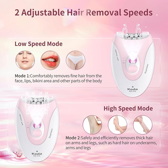 Smooth Glide Epilators Hair Removal for Women, 2 Speed Hair Removal Device with LED Light, Portable Rechargeable Face Epilator, Epilator for Women Face, Bikini, Arm, Legs, Armpits