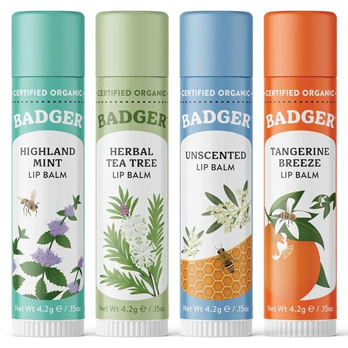 Badger - Classic Lip Balm Green Box, Made with Organic Olive Oil, Beeswax & Rosemary, Natural Lip Balm Variety Pack, Certified Organic, Moisturizing Lip Balm, 0.15 oz each - 4 pack