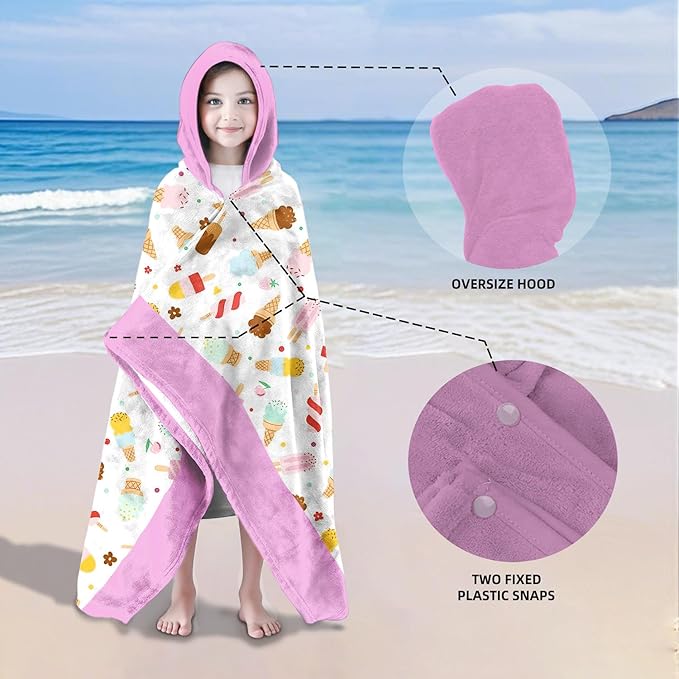 Ice Cream Hooded Beach Towel for Girls, 35" x 60" Kids Poncho Bath Towel for Toddler, Pink &White Soft Absorbent with Hood for 3-10 Years Bathrobe for Swimming Pool Bath