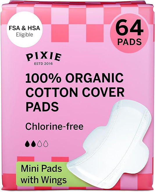 Pixie Organic Cotton Mini Pads with Wings for Women & Teens - Ultra Thin, Light Absorbency Menstrual Pads - Hypoallergenic, Unscented & Biodegradable for Feminine Care - FSA Eligible - 64 Count