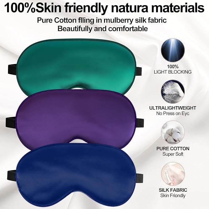 Sleep Mask, Silk Eye Mask for Sleeping with Adjustable Strap, Satin Blackout Sleeping Eye Mask for Men&Women, Comfortable Blindfold Eyeshade for Night Sleep (Blue,Green,Purple)