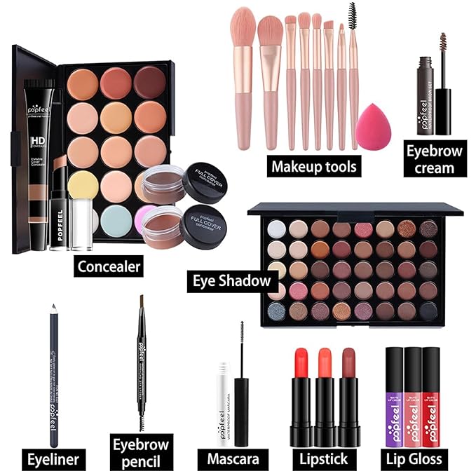 Pure Vie All-in-One Holiday Gift Surprise Makeup Set Essential Starter Bundle Include Eyeshadow Palette Lipstick Concealer Blush Mascara Eyeliner Face Powder Lipgloss Brush - Full Makeup Kit for Women