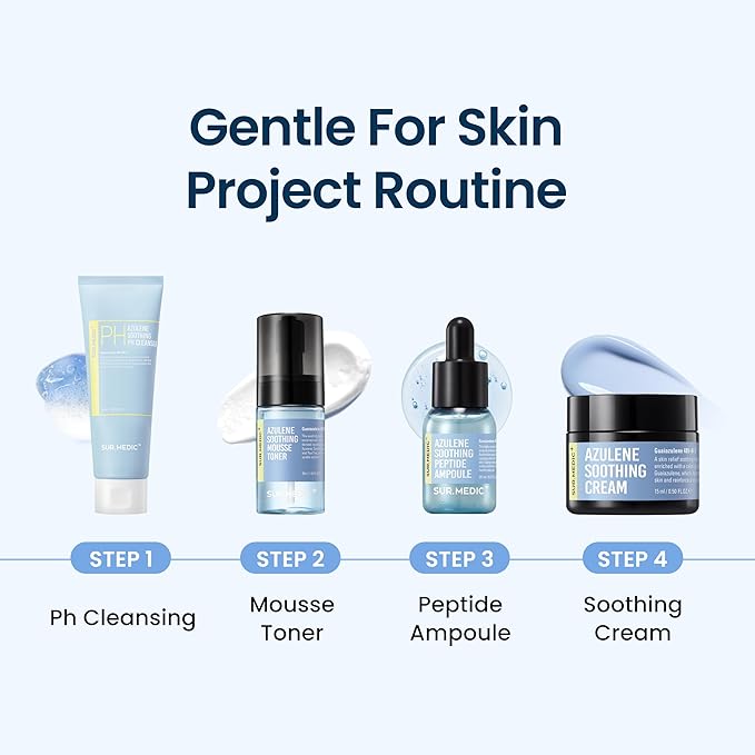 SURMEDIC AZULENE Soothing Trial Kit, Korean Skincare, Airplane-Friendly Travel Size Mini Set, Facitl Kit Gift for Women with Moisturizer, Cleanser, Toner, Ampoule, Cream