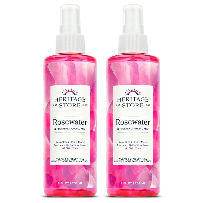HERITAGE STORE Rosewater 2-Pack - Refreshing Face Mist w/Damask Rose, All Skin Types - Hydrating Rose Water Spray for Glowing Skin, No Dyes or Alcohol, Hypoallergenic, Vegan, 60-Day Guarantee, 8oz ea