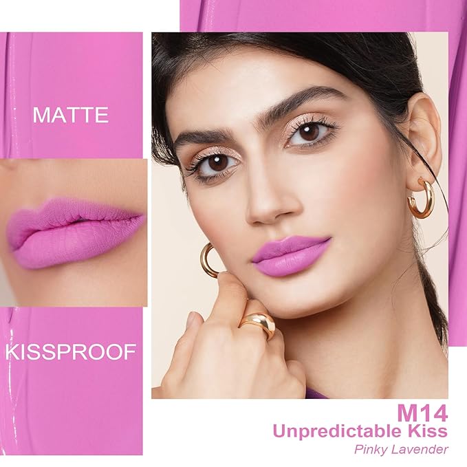 Oulac Matte Liquid Pinky Purple Lipstick for Women, Light Pink Lipstick Long Lasting Waterproof Lip Stain, No Transfer, Creamy High Pigmented Formula with Rose Oil, Vegan & Cruelty-Free, M14
