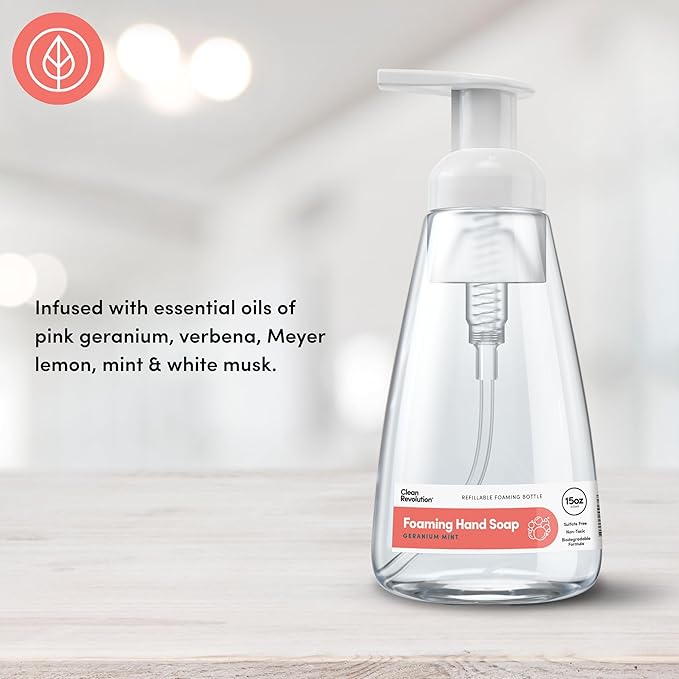 Clean Revolution Foaming Hand Soap, Gentle, Moisturizing, Ready To Use Formula, Real Essential Oils, Gluten Free, Geranium Mint, 15.25 Fl Oz