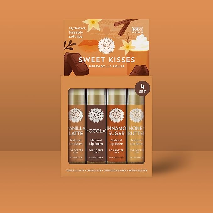 Lip Balm Set: All-Natural Shea Butter, Beeswax, Coconut Oil, Vitamin E Infused Lip Moisturizer Care (4 Pack, Sweet Kisses)