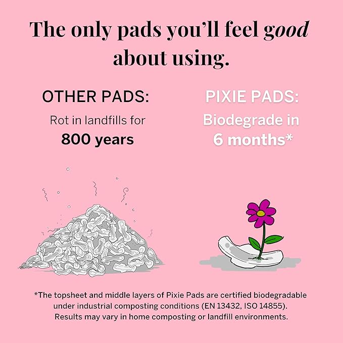 Pixie Organic Cotton Large Pads for Women - Extra Heavy Absorbency with Wings - Leak-Proof, Hypoallergenic & Unscented for Feminine Care - Compostable, Biodegradable - 12 Count