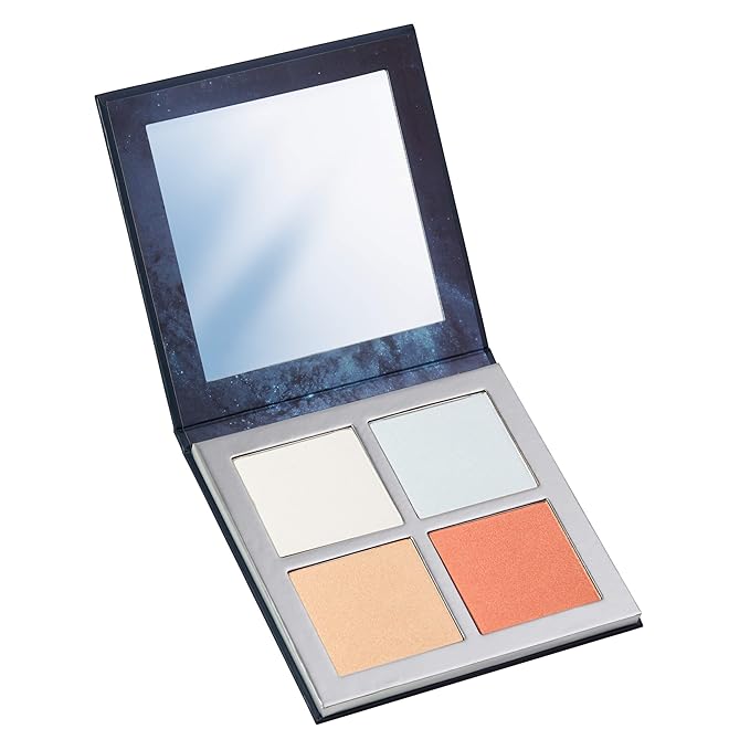 Pippa of London Eclipse Highlighter Palette 381 Make Up for Cheeks and Face with 4 Luxury Highlighters in a Silver Gold Case with Mirror