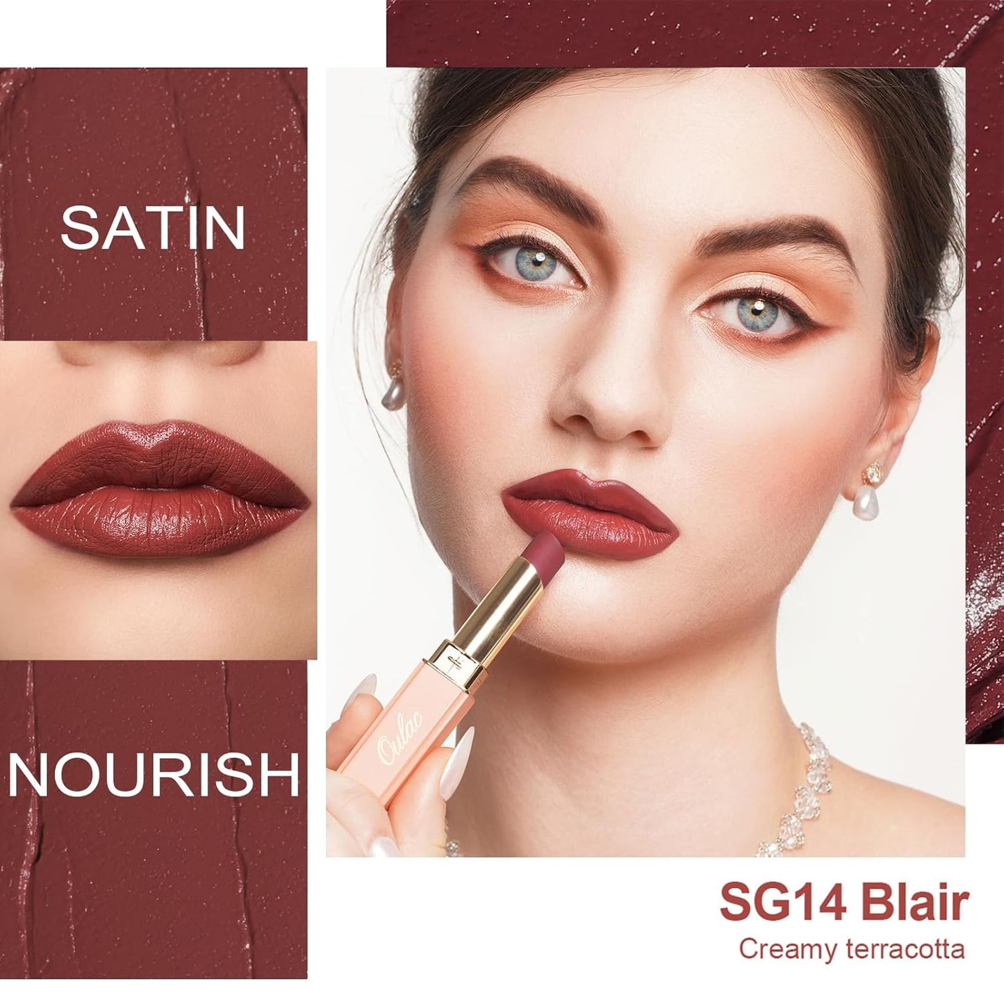 Oulac Color Rich Satin Lipstick - Red Brown Full Coverage Lip Color, Creamy Silky-Smooth, Moisturizing, Satin Matte Finish, Infused With Shea Butter, Vegan & Clean Beauty, 4g, SG14 Blair