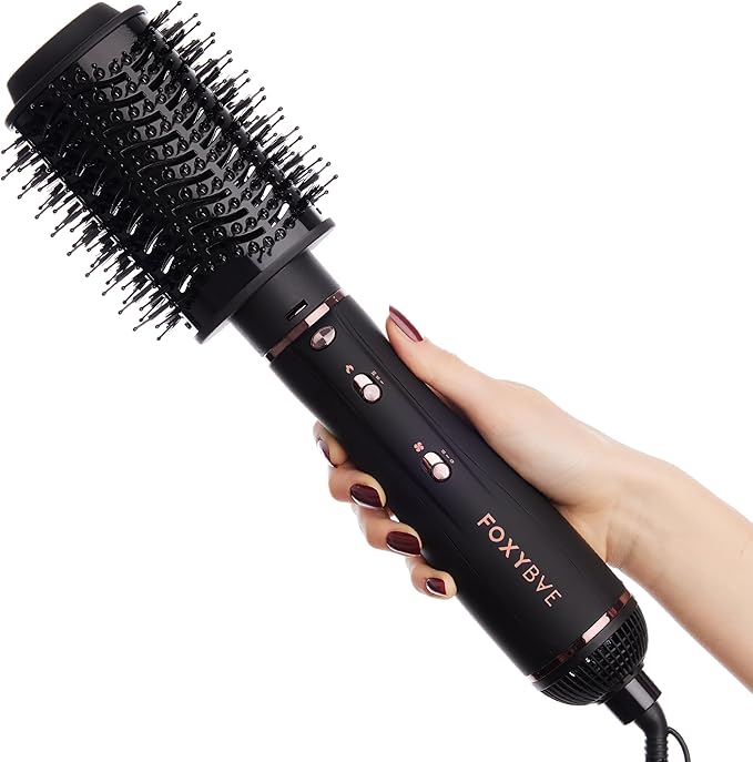 Foxybae Super Styler – 4-in-1 Blow Dryer Brush Set - Diffuser, Blowout Brush, 1.25” Curling Barrel & Drying Cylinder - Voluminous, Frizz-free Hair - Blow Dryer, Straightener & Curler [Black Rose-Gold]