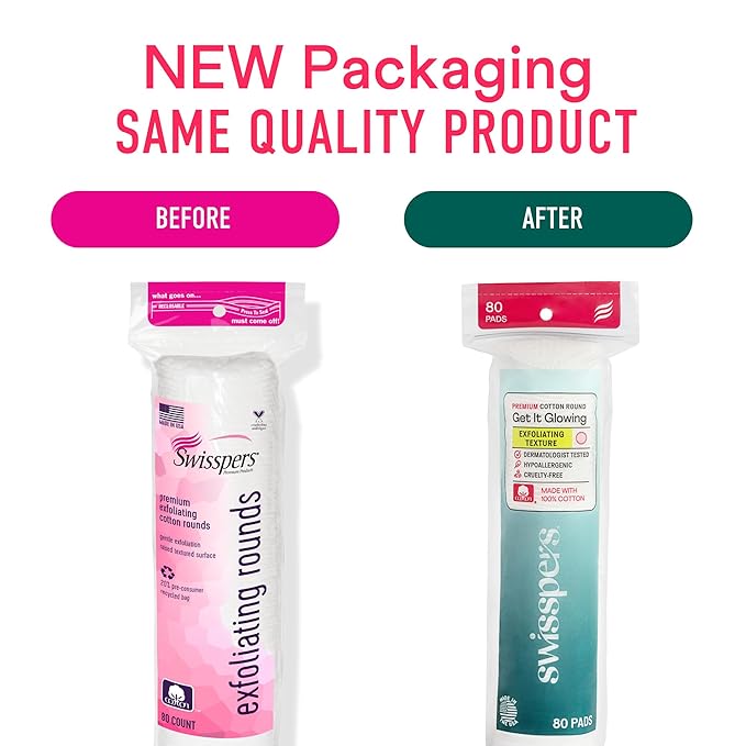 Swisspers Premium Exfoliating Rounds, 2 Distinct Raised Textured Surface, Cotton Facial Pads, 80 Count Re-closable Bag