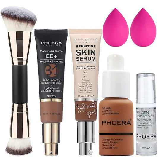 PHOERA Foundation, PHOERA Contour Palette,Shades with Highlighter & Bronzer & Blush,PHOERA Makeup Lightweight Long Lasting Wrinkles Matte Natural Finish (109+200CC+N06/ Mocha+ Mocha+Mocha)