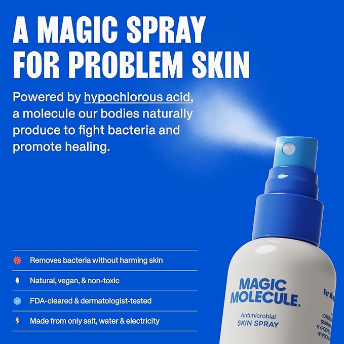 Magic Molecule Skin Cleanser for All Types, Hypochlorous Acid Spray Helps Heal Acne Prone, Eczema and Itchy Rashes and 50 Other Skin Ailments, 3.4 oz Spray (Pack of 2), Travel-Friendly