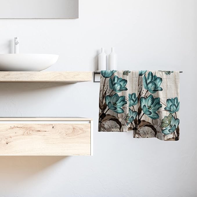 Giwawa Teal Tulip Hand Towels Set of 2 Spring Floral Soft Absorbent Decorative Bath Towel Kitchen Dish Guest Towel for Home Spa Yoga Sport