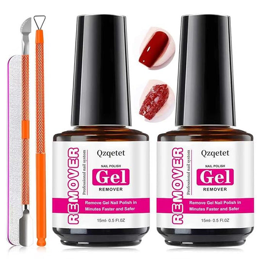 Gel Nail Polish Remover Kit - 2PCS 15ML(0.5fl.oz) Fast Gel Remover No Soaking or Wrapping Needed, Includes Cuticle Pusher & Scraper & File, Easy Removal for Gel Nails