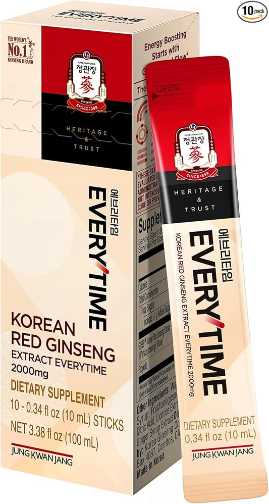 JUNG KWAN JANG Everytime Korean Red Ginseng Extract 2,000mg - Liquid Stick Supplements with Propolis & Adaptogen - Energy Boost & Immune Support | Natural & Healthy Energy Drinks (10 Sticks)