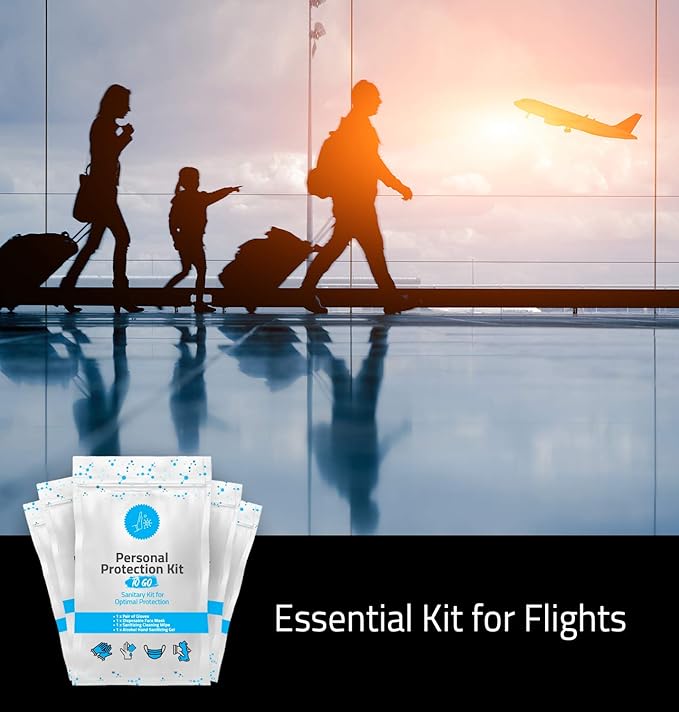 Personal Protection Kit TO GO, Mini 4 Item PPE Kit for travel and school | Includes 1 Each of Face Covering, Gloves, Cleansing Wipes & Hand Cleansing Gel | 10 - Pack (Light Blue)