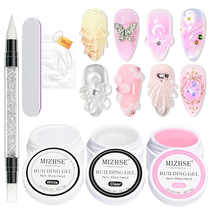 MIZHSE Solid Builder Gel for nails, 3 Colors Sculpting Gel for Nails, Clear White Pink Non-Sticky Hand 3D Nail Art Building Carving Modeling Hard Nail Extension Manicure Salon Home DIY Gift