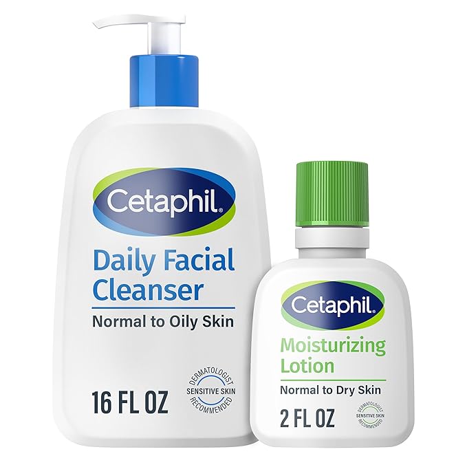 Cetaphil Daily Facial Cleanser Lotion for Combination to Oily, Sensitive Skin, 16 oz + Travel Size Moisturizing Lotion 2 oz