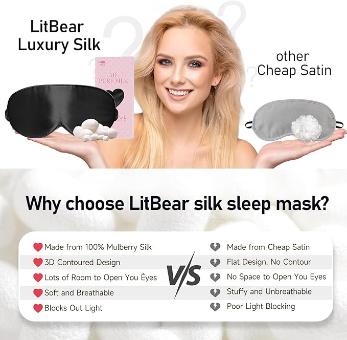 LitBear 100% 22 Momme Mulberry Silk Sleep Mask - 3D Contoured Eye Mask for Men & Women, Soft Breathable Sleeping Mask with Adjustable Strap, Perfect Blocks Light for Sleeping (Black)