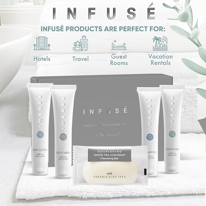 Infuse Amenity Kit | Hotel Bulk Toiletries | 1 oz Shampoo, Conditioner, Lotion, Body Wash, Cleansing Bar Soap for Guest Hospitality Vacation Rentals | 1 Set/Case