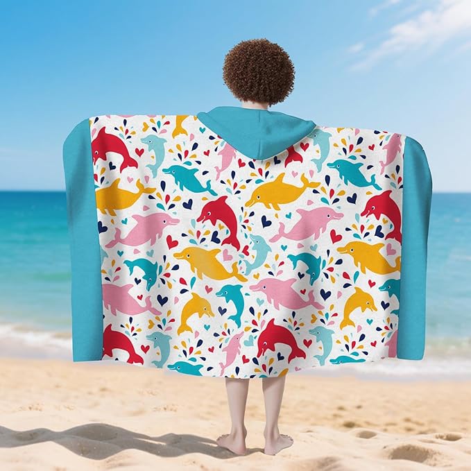 Dolphin Hooded Beach Towel for Boy, 30" x 50" Water Droplets Kids Poncho Bath Towel for Toddler, White & Light Blue Soft Absorbent with Hood for 3-10 Years Bathrobe for Swimming Pool Bath