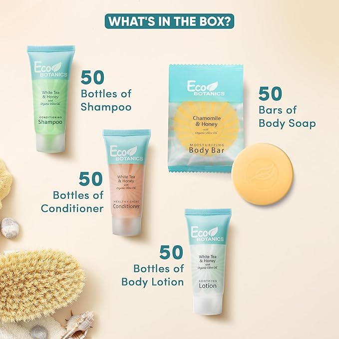 Eco Botanics Hotel Soaps and Toiletries Bulk Set | 1-Shoppe All-In-Kit Amenities for Hotels & Airbnb | 0.85 oz Hotel Shampoo, Conditioner & Lotion, 0.89 oz Bar Soap Travel Size | 200 Pieces