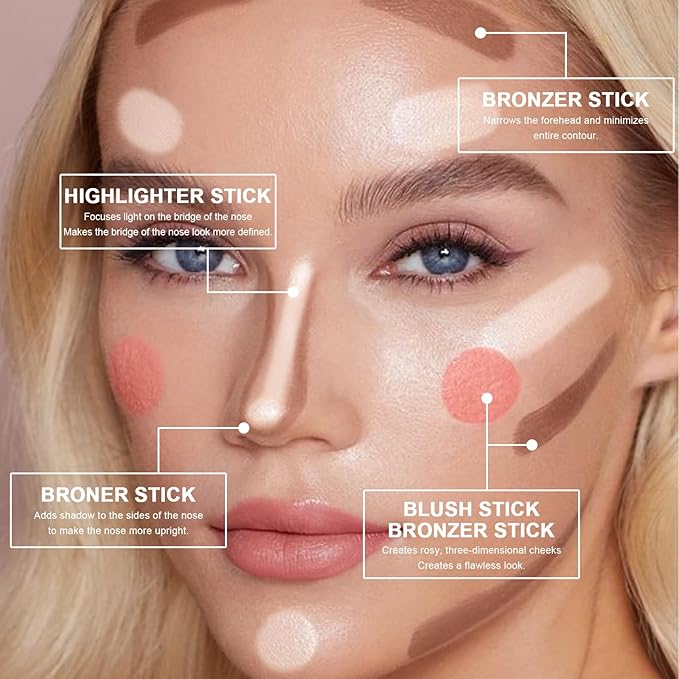 3 Colors Cream Contour Stick, Shades with Highlighter Stick,Blush Stick and Bronzer Contour Stick for Sculpt the Cheeks,Long Lasting,Waterproof,Matte & Dewy Finish for Women (FAIR(7+9+11))