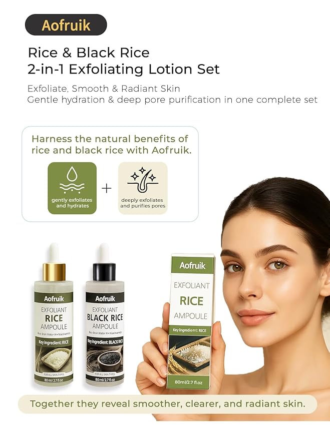 2Pcs Rice Exfoliating Ampoule Set, Black Rice and Rice Peeling Ampoule, Exfoliating Face and Body Scrub Dead Skin Cells, Blackheads Remover for All Skin Types (Rice)