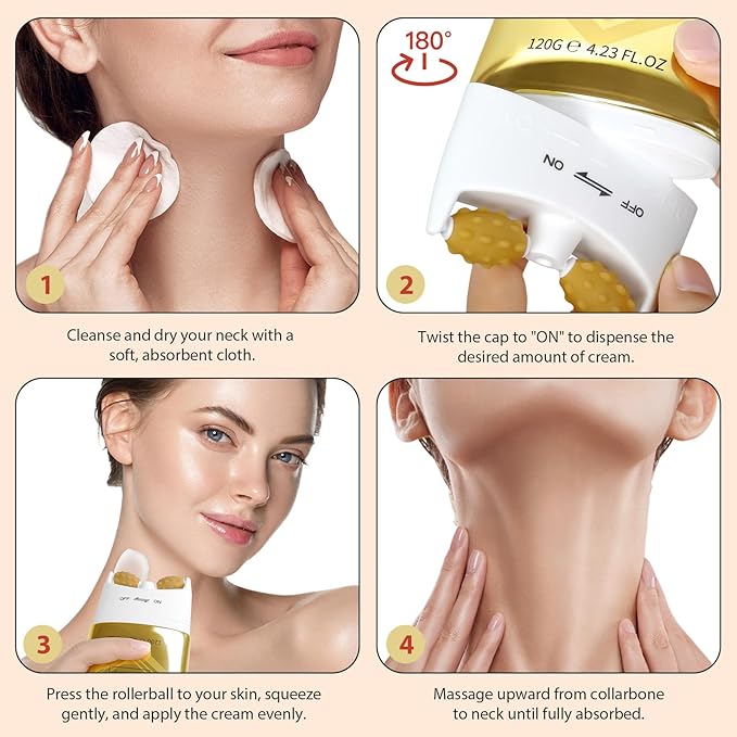 AH-8 Firming Neck Cream with Roller - Neck and Chest Firming Cream to Lift, Tighten & Smooth Sagging Skin, Reduce Wrinkles & Hydrate for Youthful Neck, 4.23 Fl Oz