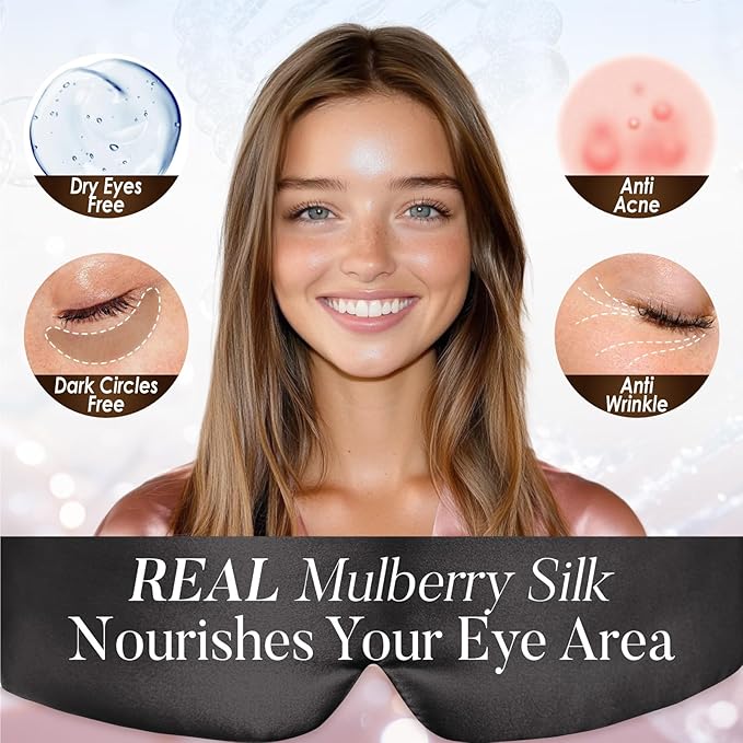 LULUSILK Reversible Mulberry Silk Sleep Mask for Women and Men, Adjustable Real Silk Eye Mask for Sleeping, Black, Pack of 1