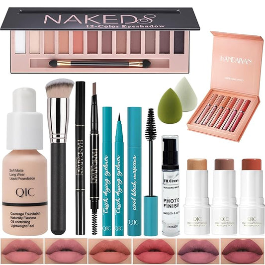 All In One Makeup Kit Full Kit, 3 Pcs Cream Contour Sticks,12 Colors Eyeshadow Palette,Full Coverage Foundation, 6 Colors Lipstick Set, Waterproof Eyeliner and Mascara (101# Porcelain)
