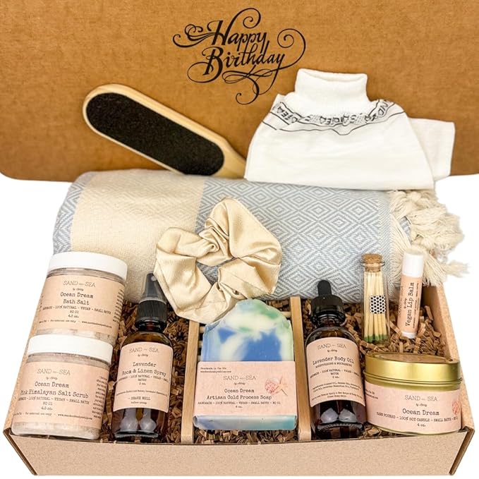 Birthday Gift Baskets for Women, Handmade Ocean Gift Box, Natural Relaxing Spa Self Care Package for Women 13 Pc, Spa Gifts for Woman, Gift Basket for Her, Birthday Box (Ocean Dream)
