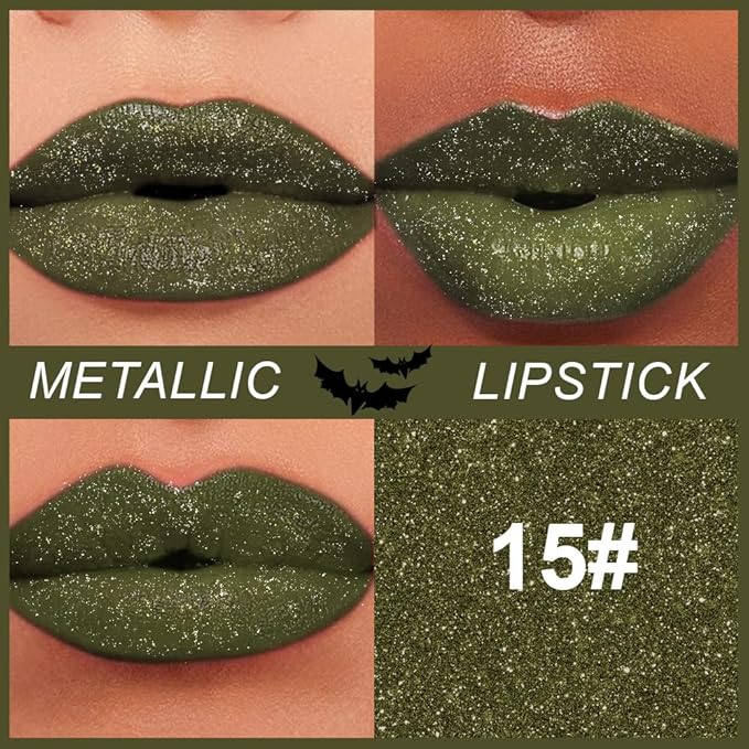 Kaely Glitter Metallic Lipstick, Shimmer Metallic Lipsticks for Women, High Pigmented Lip Color Long Lasting Waterproof Smudge Proof 24 Hour, Halloween Makeup, Vegan & Cruelty-Free, 15