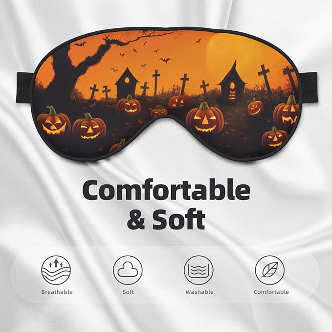 Sleep Mask Halloween Pumpkins Graveyard Spooky Night Comfortable Eye Mask with Adjustable Strap Soft Eye Cover Blindfold for Travel Yoga Nap Shift Work
