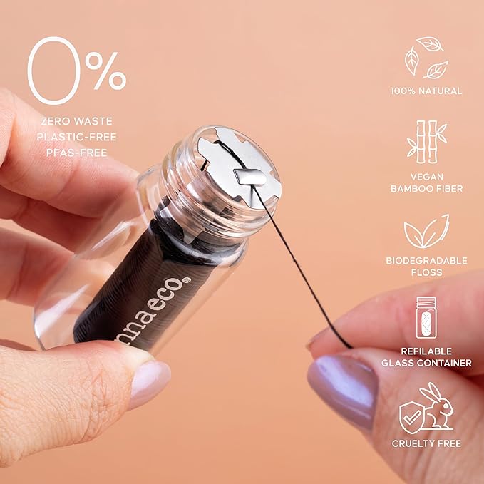 Eco-Friendly Bamboo Charcoal Dental Floss | Refillable Wide Glass Jar with Screw Lid + 50m Free Refill | 100m Total | Peppermint | Candelilla Wax | Zero Waste, Vegan | Flossers for Adults – Oral Care