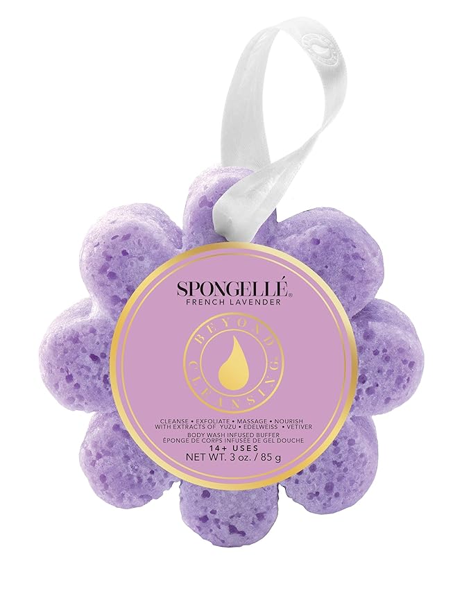 Spongelle French Lavender Wild Flower Buffer Body Scrubber | Bath & Shower Loofah for Women | Exfoliator with Body Wash Infused Sponge | 14+ uses