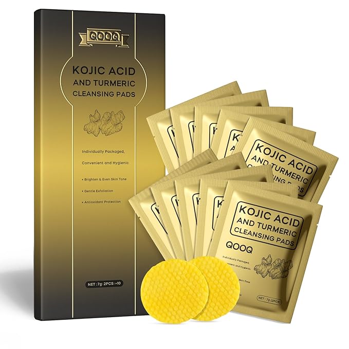 Individually Sealed Turmeric Kojic Acid Cleansing Pads - Stays Fresh, Hygienic! (20 Pads) - Gentle Brightening Exfoliator for Dark Spots & Hyperpigmentation, Travel-Size