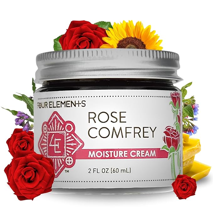 Four Elements 4E Rose Comfrey Moisture Cream, a Natural Non-Greasy Organic Cream that help Soothe and Calm your Skin, 2 OZ