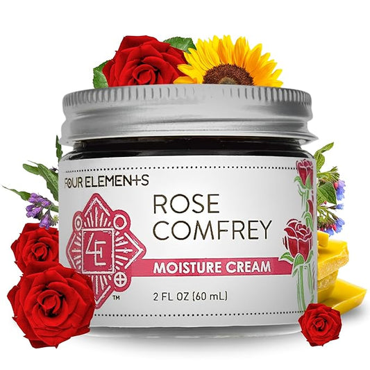 Four Elements 4E Rose Comfrey Moisture Cream, a Natural Non-Greasy Organic Cream that help Soothe and Calm your Skin, 2 OZ
