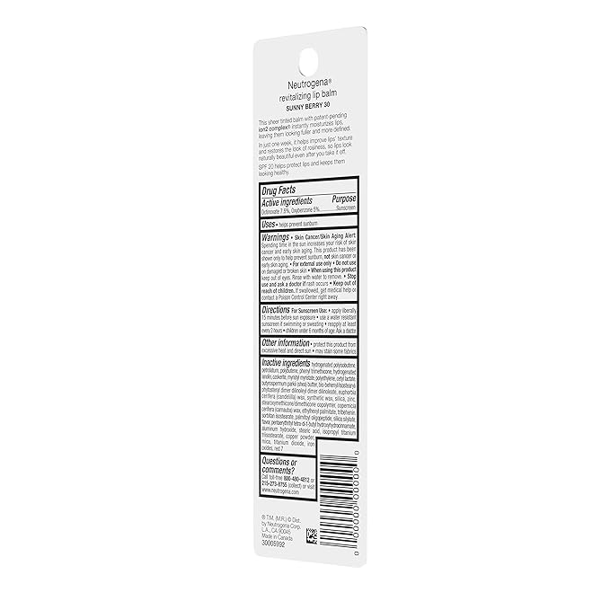 Neutrogena Revitalizing and Moisturizing Tinted Lip Balm with Sun Protective Broad Spectrum SPF 20 Sunscreen, Lip Soothing Balm with a Sheer Tint in Color Sunny Berry 30,.15 oz