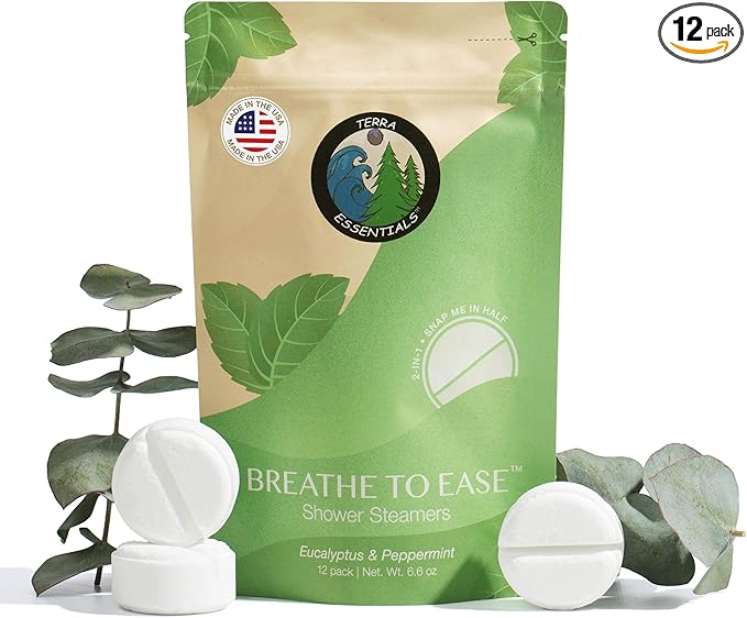 Eucalyptus Shower Steamers by Terra Essentials – 12 Showers Aromatherapy Tablets with Eucalyptus & Mint, Natural, Made in USA, Stress Relief & Relaxation Gift