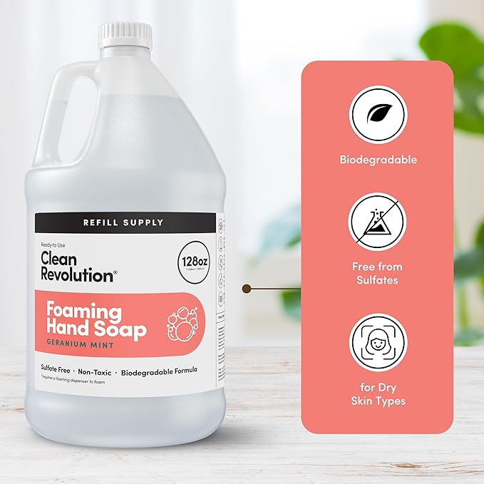 Clean Revolution Foaming Hand Soap, Gentle, Moisturizing, Ready To Use Formula, Real Essential Oils, Gluten Free, Geranium Mint, 128 Fl Oz