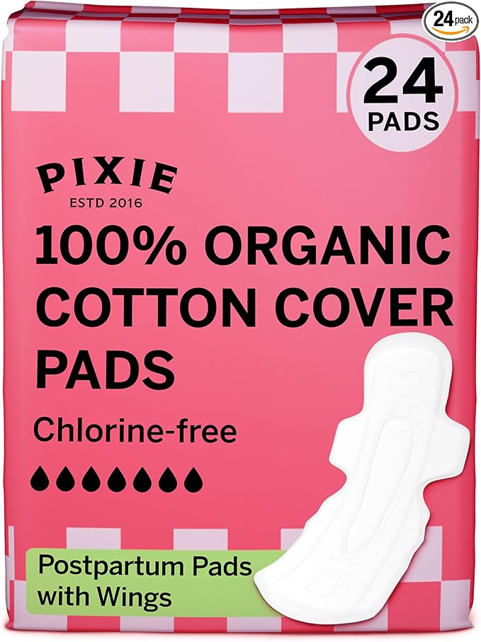 Pixie Cup Organic Cotton Postpartum Pads for Women - Extra Heavy Absorbency with Wings - Leak-Proof, Hypoallergenic & Unscented for Feminine Care - Compostable, Biodegradable - 24 Count