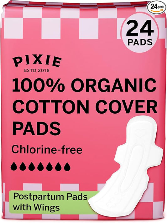 Pixie Cup Organic Cotton Postpartum Pads for Women - Extra Heavy Absorbency with Wings - Leak-Proof, Hypoallergenic & Unscented for Feminine Care - Compostable, Biodegradable - 24 Count
