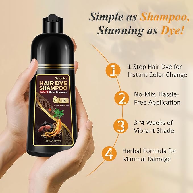 Dark Brown Hair Dye Shampoo for Gray Hair, Natural Color Shampoo Hair Dye for Women & Men, Hair Instant Dye Shampoo Colors Hair in Minutes, Champu Para Canas, 3-in-1 Shampoo for Dyeing Gray, 500 Ml